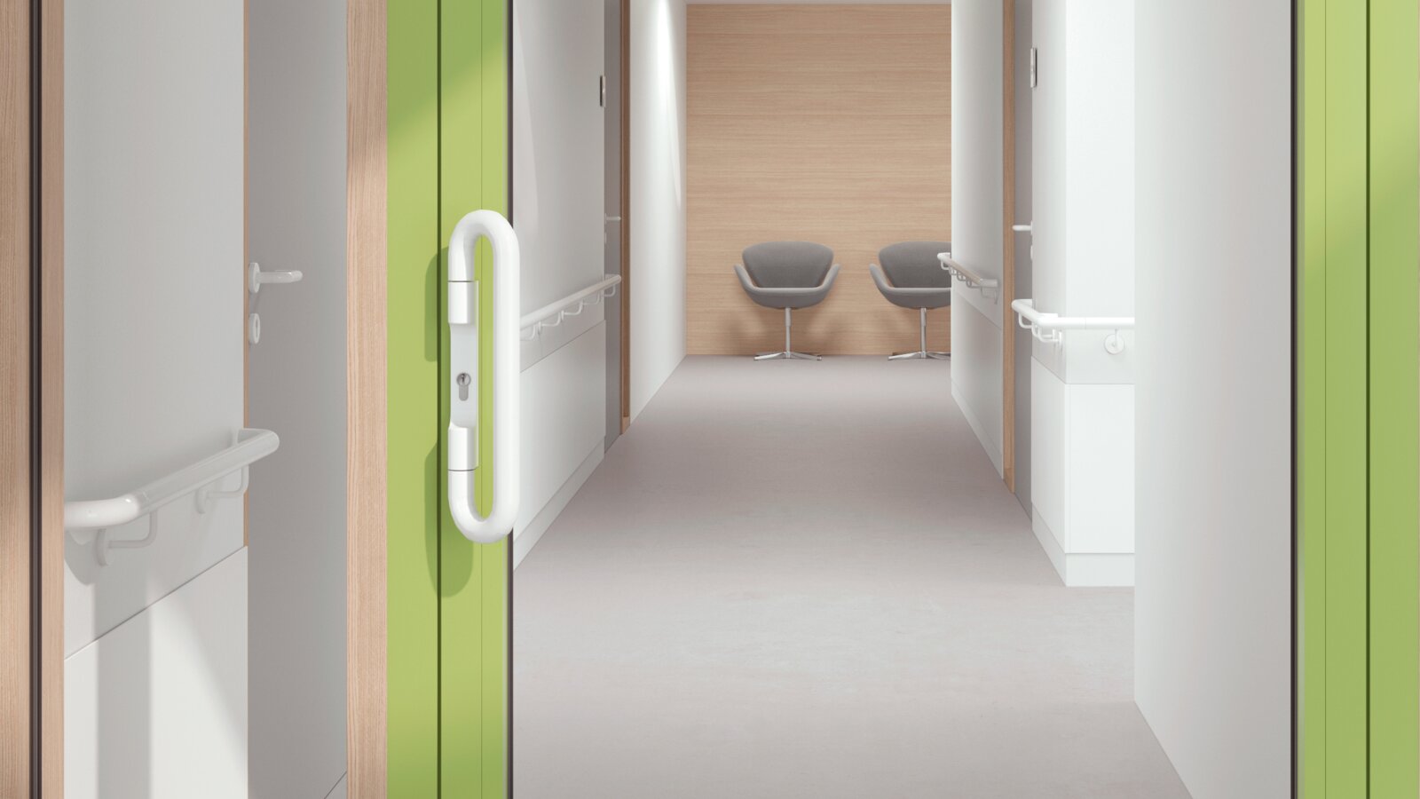 Verglaste Krankenhaustür mit grünem Rahmen ausgestattet mit einem Drückergriff in der Farbe Signalweiß aus Polyamid