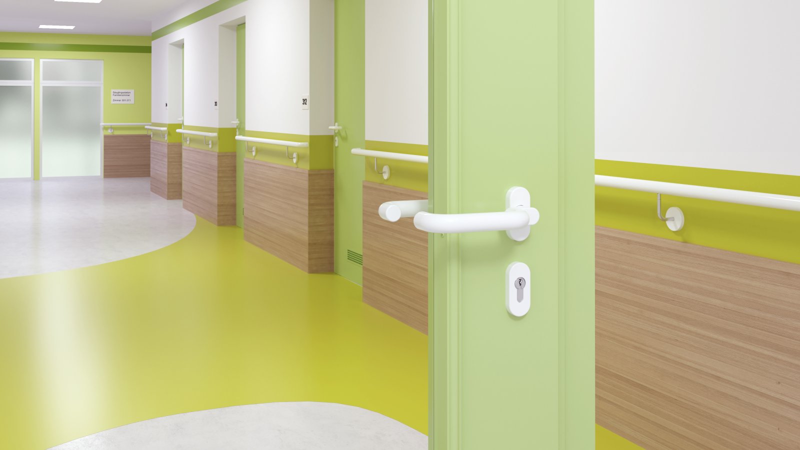 Verglaste Krankenhaustür mit grünem Rahmen ausgestattet mit einem Türgriff in der Farbe Signalweiß aus Polyamid